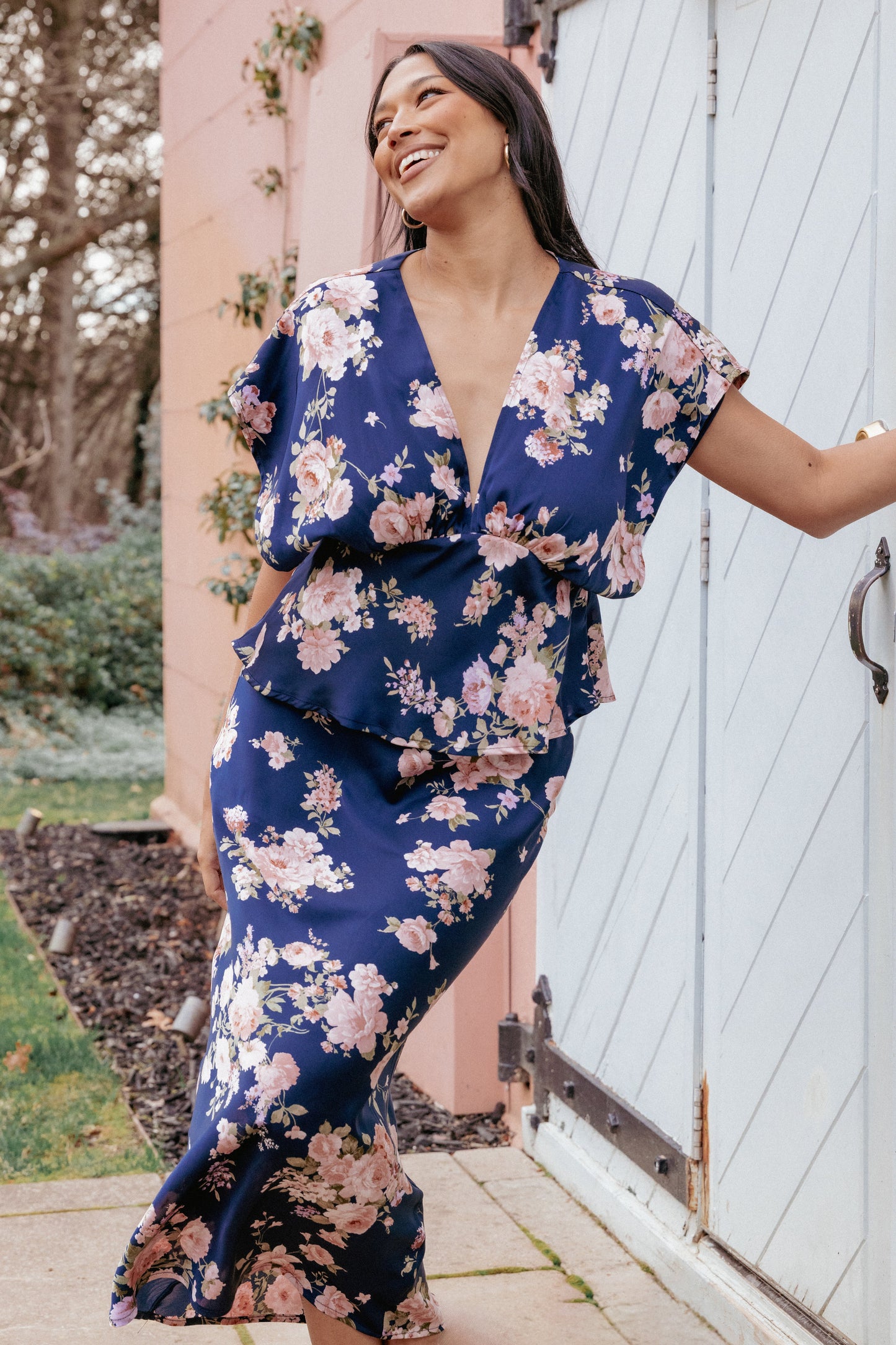 Ava | Chic Navy Floral Satin Midi Skirt for Women