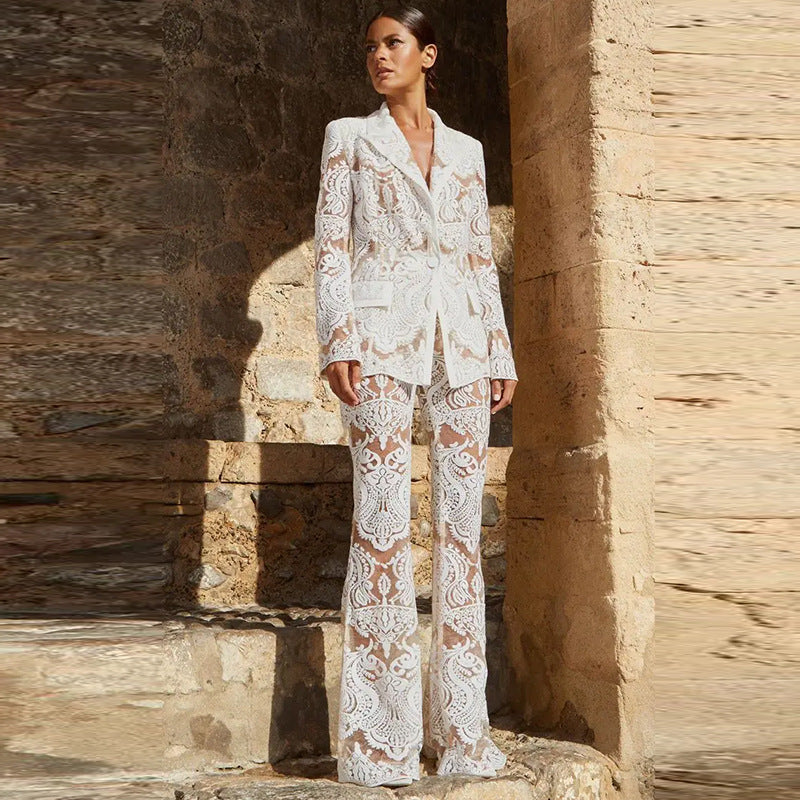 Mia | Elegant White Suit Womens with Sheer Lace Blazer and Flared Pants